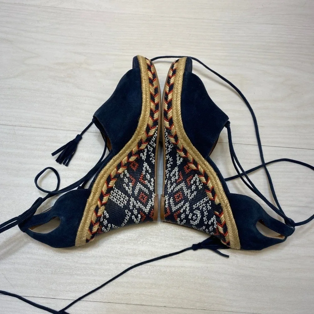 Cabi Navy Blue Suede Espadrille Wedge Sandals Lace Up Tassel‎ Embroidered 8M